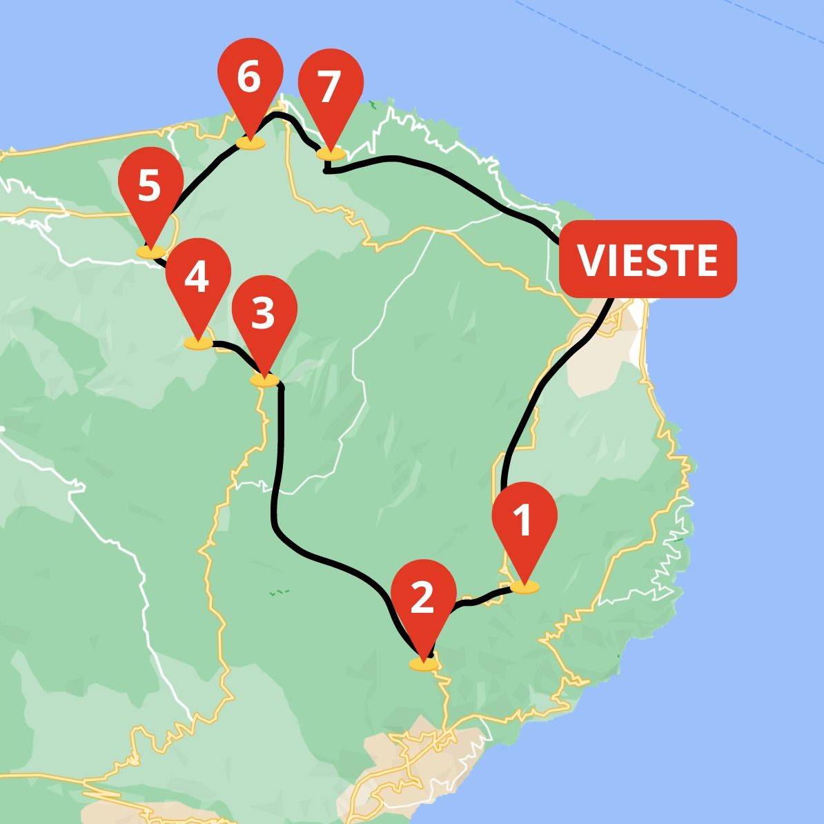 mappa cartina con soste dell'escursione nei santuari a Vieste nel Gargano